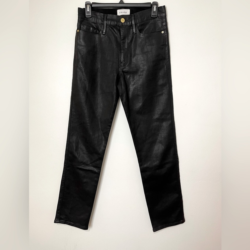 Frame High Rise Straight Coated  Stretchy Jeans in Noir Womens Size 29 - Picture 3 of 14